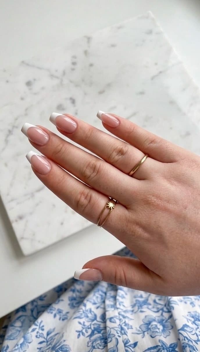 Pose gel sur chablon Onymea — ballerine French manucure sur marbre