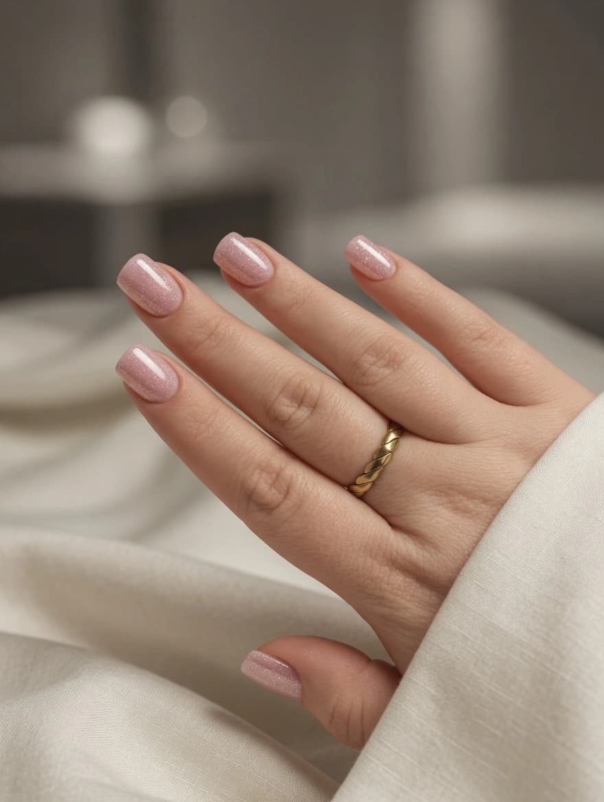 Manucure semi-permanent carré court rose poudré pailleté glossy